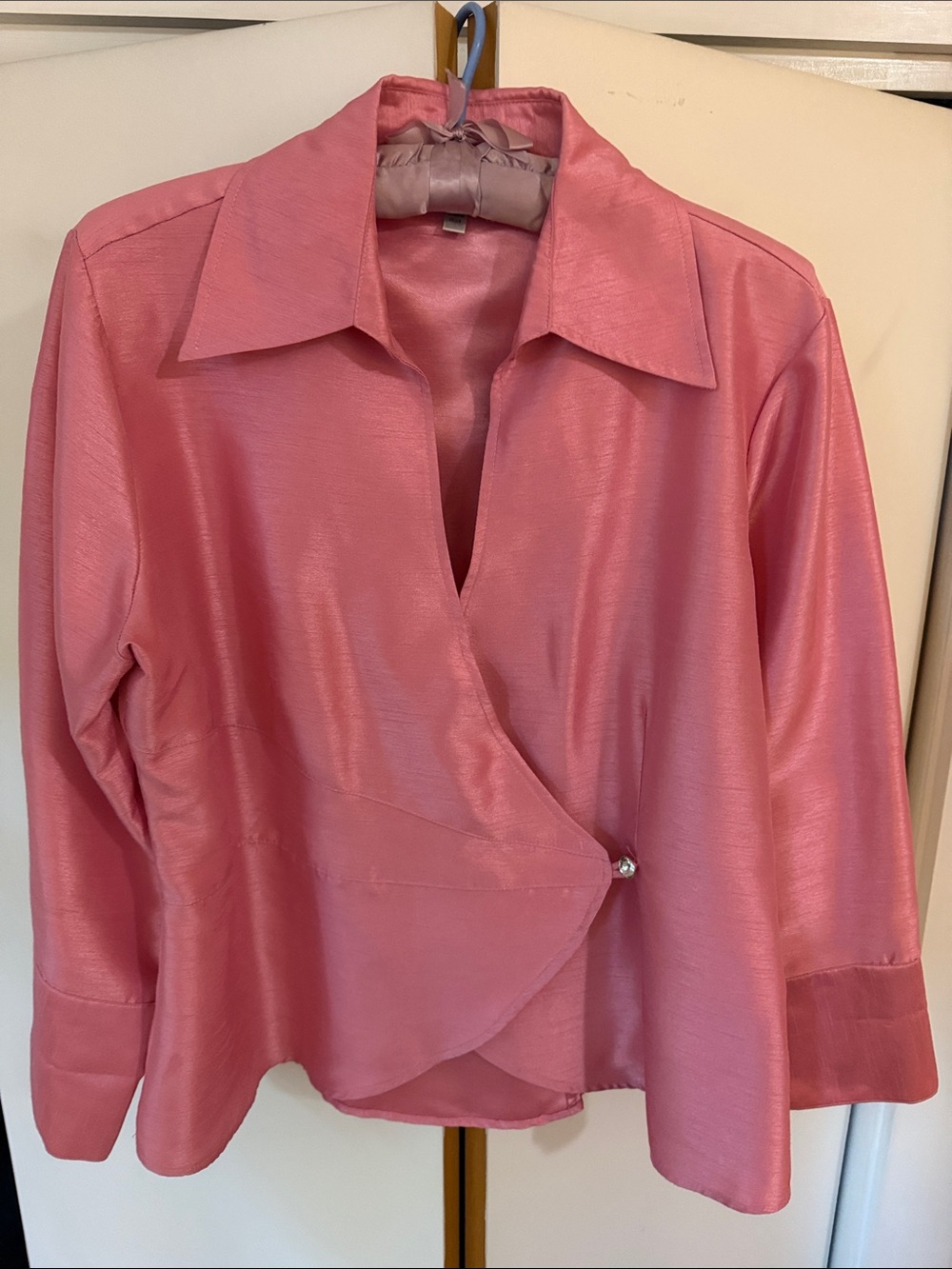 Women's Pink Wrap Blouse with Rhinestone Snap